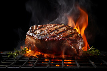 Beef steak being grilled on a charcoal grill with fire and smoke.