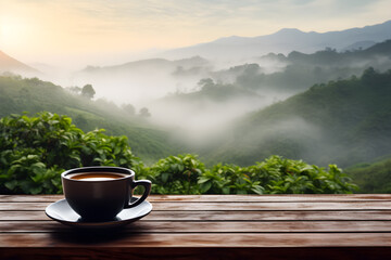 Coffee cup on wooden table on nature background with fog.