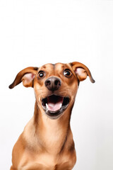Funny surprised dog isolated on white background. Studio portrait of a dog with amazed face.