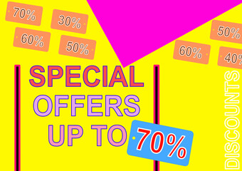 On yellow background. Sales poster with up to seventy percent discount.