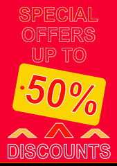 On red background. Sales poster with up to fifty percent discount.