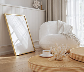 Mockup frame in interior background, room in light pastel colors, 3d render