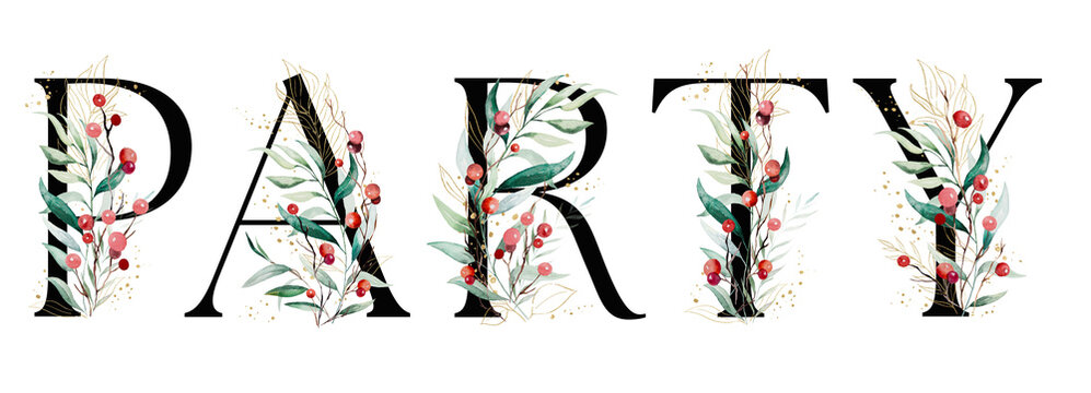 Word PARTY with watercolor green and golden leaves and red berries Illustration