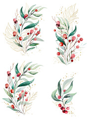 Christmas bouquets with watercolor twigs with green leaves and red berries. Holidays Illustration