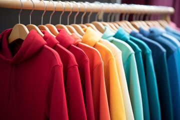 Obraz premium Close-up of a rack with colored hoodies on wooden hangers hung in the colors of the rainbow.
