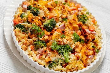 Ham Broccoli Pasta Bake with cheese and croutons