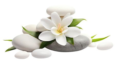 Fototapeta na wymiar Tranquil spa stones complement lotus blooms, cut out