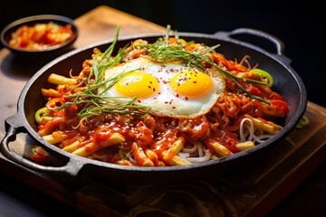 Tasty Korean food in cafe with a rustic style
