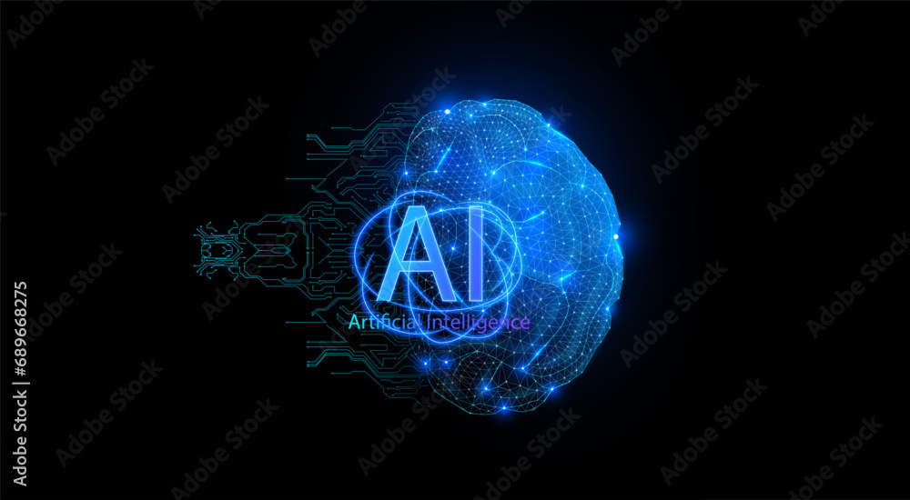 Poster Futuristic Illustration of Artificial Intelligence Brain Concept with Digital Circuitry. AI brain circuit board icon. Vector illustration