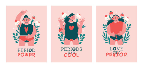 Fototapeta na wymiar Set of cards, banners template with women during menstruation. Happy woman, girl, young lady in panties, underwear with menses, flowers, plants, leaves. Period Power. Healthy lifestyle concept.