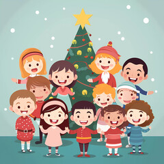 Obraz na płótnie Canvas Children celebrate Christmas and new year party with Christmas tree.Cartoon style vector illustration.