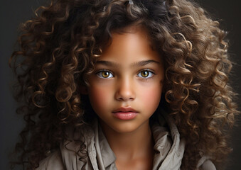 Portrait of cute little beautiful curly girl from kids fashion model agency.Macro.AI Generative.