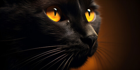 Cute Black Cat with Yellow Eyes in the Spotlight.AI Generative 