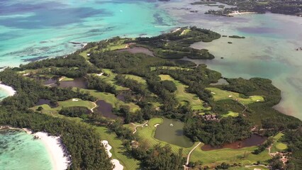 Ile aux Cerfs, Mauritius - 20 March 2023 Panoramic aerial view of Ile aux Cerfs, a private island with golf course, Flacq, Mauritius.