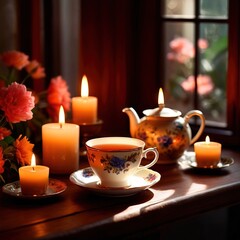 Fototapeta na wymiar Glasses of tea with candles, elegant luxury vintage floral theme
