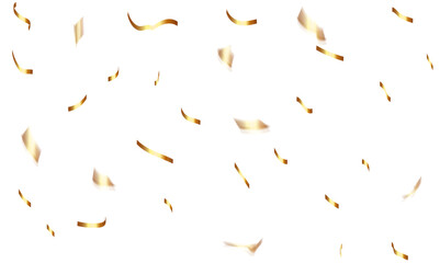 Abstract confetti golden glitter and zigzag ribbon particles splatter on transparent background. Luxury golden glitter confetti that floats down falling bokeh celebration background.