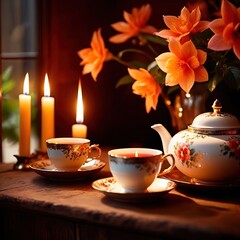 Obraz na płótnie Canvas Glasses of tea with candles, elegant luxury vintage floral theme