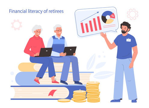 Elderly people education. Pensioners financial literacy. Consultant explaining finance system basics to elderly people. Finance education, savings management, money saving and pension income control.