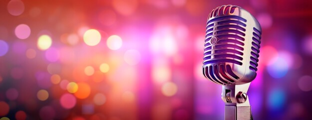  retro style microphone on stage with a bokeh light backdrop.concert and show concept, horizontal wallpaper,, copy space for text - obrazy, fototapety, plakaty