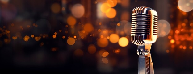  retro style microphone on stage with a bokeh light backdrop.concert and show concept, horizontal wallpaper,, copy space for text