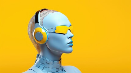 3D illustration of a half woman half robot cyborg wearing headphones, featuring figure on the bright background. Generative AI  - obrazy, fototapety, plakaty
