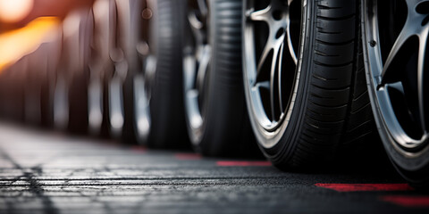 wheel of car.Bulk Car Tires Display.Automotive Retail Close-Up.AI Generative 