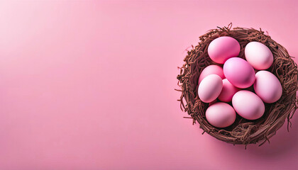 Pink easter eggs in a nest with copy space - obrazy, fototapety, plakaty