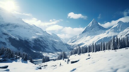 A snowy mountain scene with a snowy mountain behind it - obrazy, fototapety, plakaty