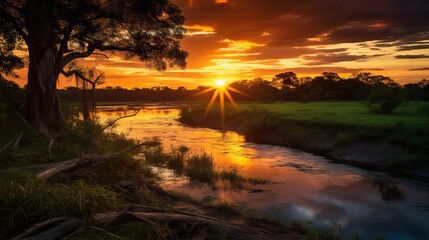 A scene from the sunset shows a jungle with a river in the foreground and a forest in the background