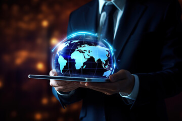 Businessman holding tablet with creative globe hologram on futuristic background. Technology, metaverse and digital map concept.
