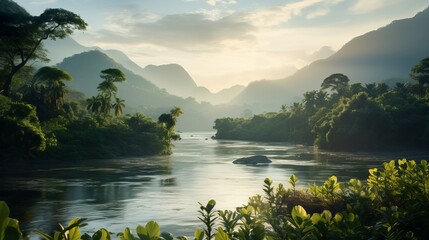 A tropical landscape with a river framed by mountains and lush vegetation at sunrise