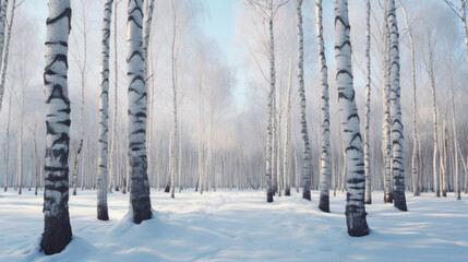 Birch forest in winter with snow, panoramic view