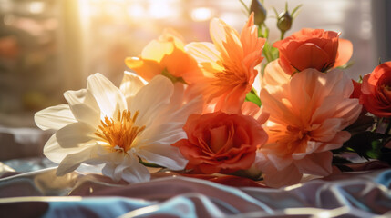 Beautiful bouquet of flowers on the table in the morning.