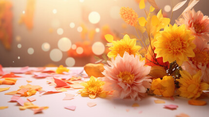 Autumn flowers bouquet on white wooden table and bokeh background.