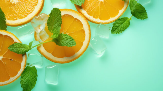 Orange slices with ice cubes and mint leaves on green background, top view