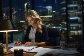 Businesswoman working late in office preparing meeting or presentation.