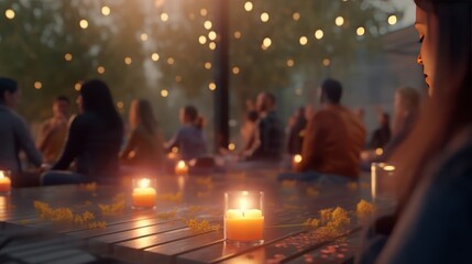 Aromatherapy and meditation. Group meditation. Yoga class. Diverse people meditate in the lotus position in a spacious yoga studio in nature.