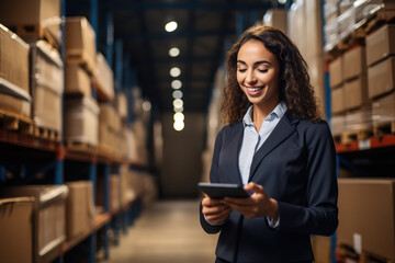 Female entrepreneur with tablet device searching for products for delivery in a warehouse.