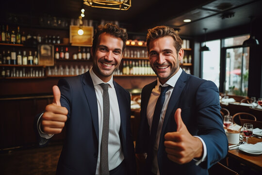 Two smiling small business owners in formalwear looking at camera and showing thumbs up while standing at their restaurant.