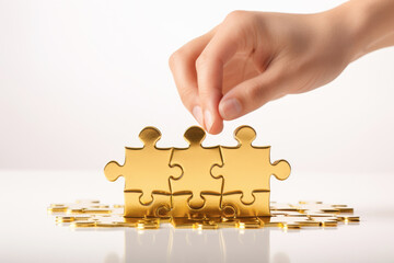 Hands connecting gold puzzle pieces, symbolizing strategic collaboration in business and investment.