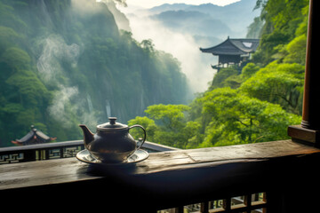 Tea ceremony in Japanese or Chinese mountains - obrazy, fototapety, plakaty