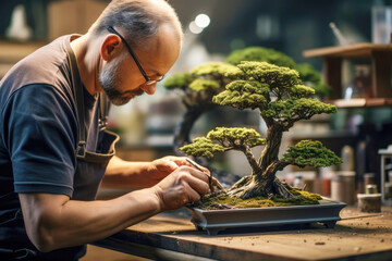A craftsman's hands carefully crafting and growing a beautiful bonsai tree, highlighting the artistry and skill in this ancient gardening practice.