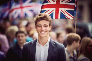 A portrait of a male student with a backpack against the backdrop of the British flag reflects his association with a British university and his commitment to education. - obrazy, fototapety, plakaty