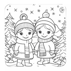 Cartoon style happy kids in winter clothes coloring page,