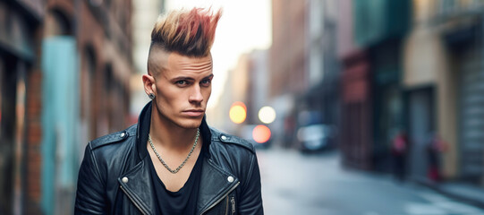 A Stylish and Handsome Guy Embracing the Punk Subculture with a Trendy Mohawk Hairstyle. - obrazy, fototapety, plakaty