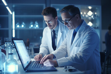 Male scientists working on laptop in modern laboratory.