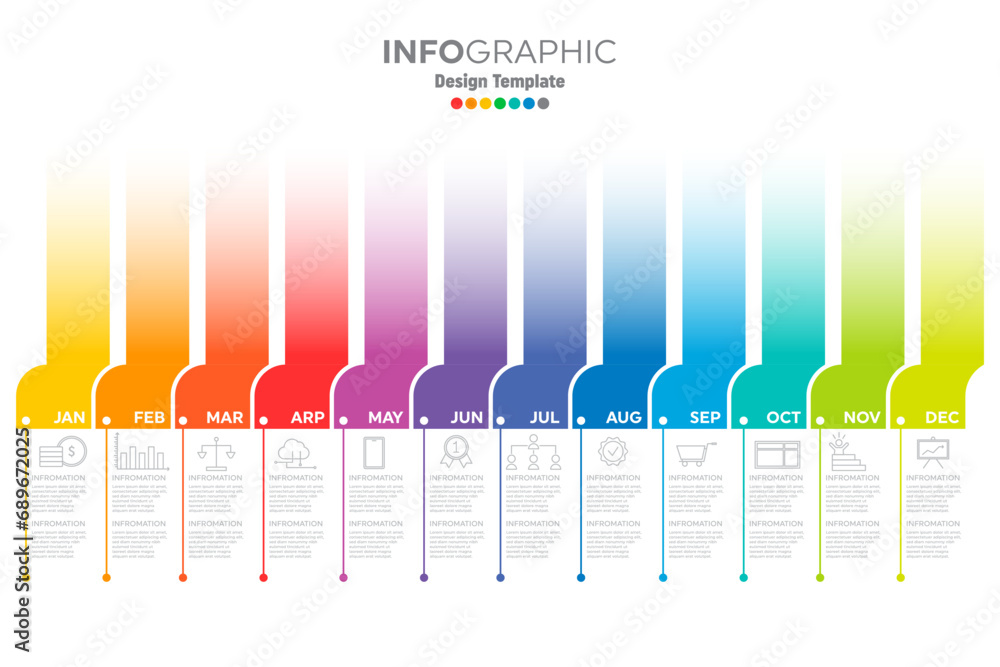 Poster full year time line template with all the colored months of the rainbow on a neatly arranged horizon
