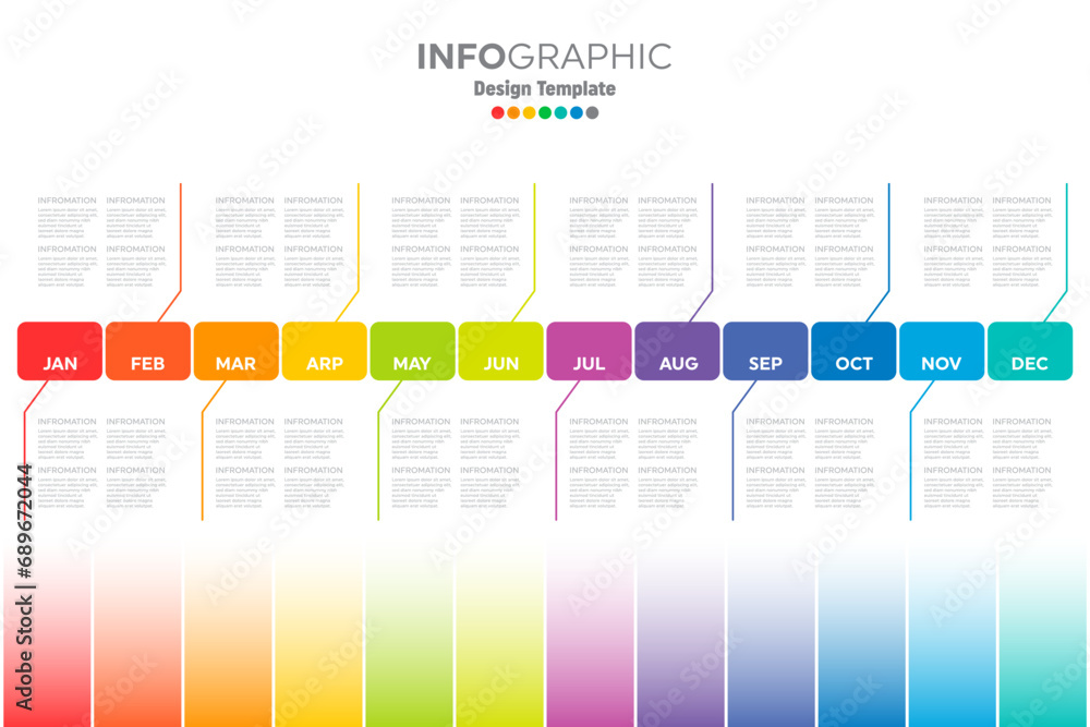 Poster full year time line template with all the colored months of the rainbow on a neatly arranged horizon