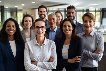 Fototapeta premium Motivated international multi-ethnic company members aged and young corporate team photographing posing for camera.