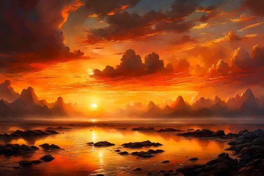A detailed HD image portraying the majestic allure of a sunset, casting a golden glow across the sky as the sun dips below the horizon, painting the heavens in a mesmerizing display,